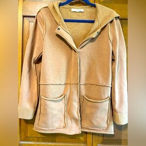 Lela Sky sz S fleece lined lightweight jacket, exposed hem, soft, cozy, boutique